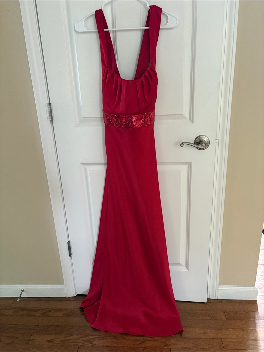 Calvin Klein Red Satin Halter Gown w/Sequin Waist | Size 14